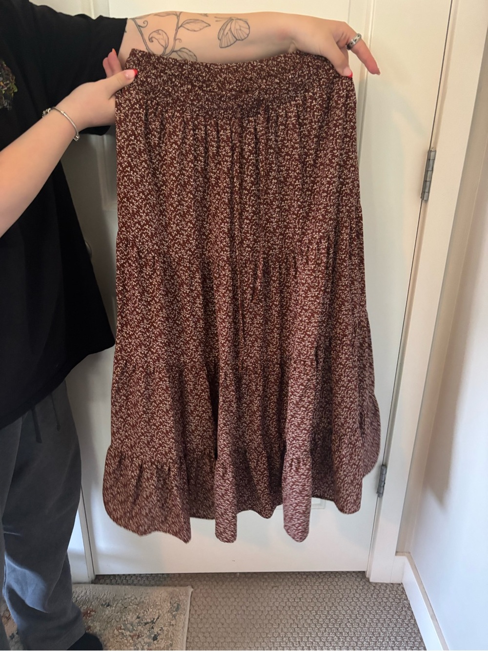 Brown Floral Tiered Maxi Skirt